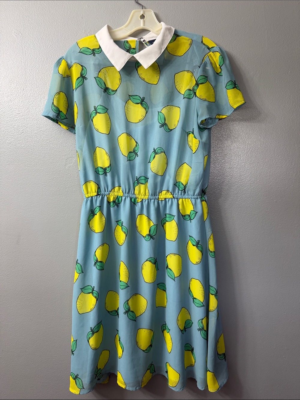 Modcloth Blue Dress with Yellow Lemon Print and White Collar Large